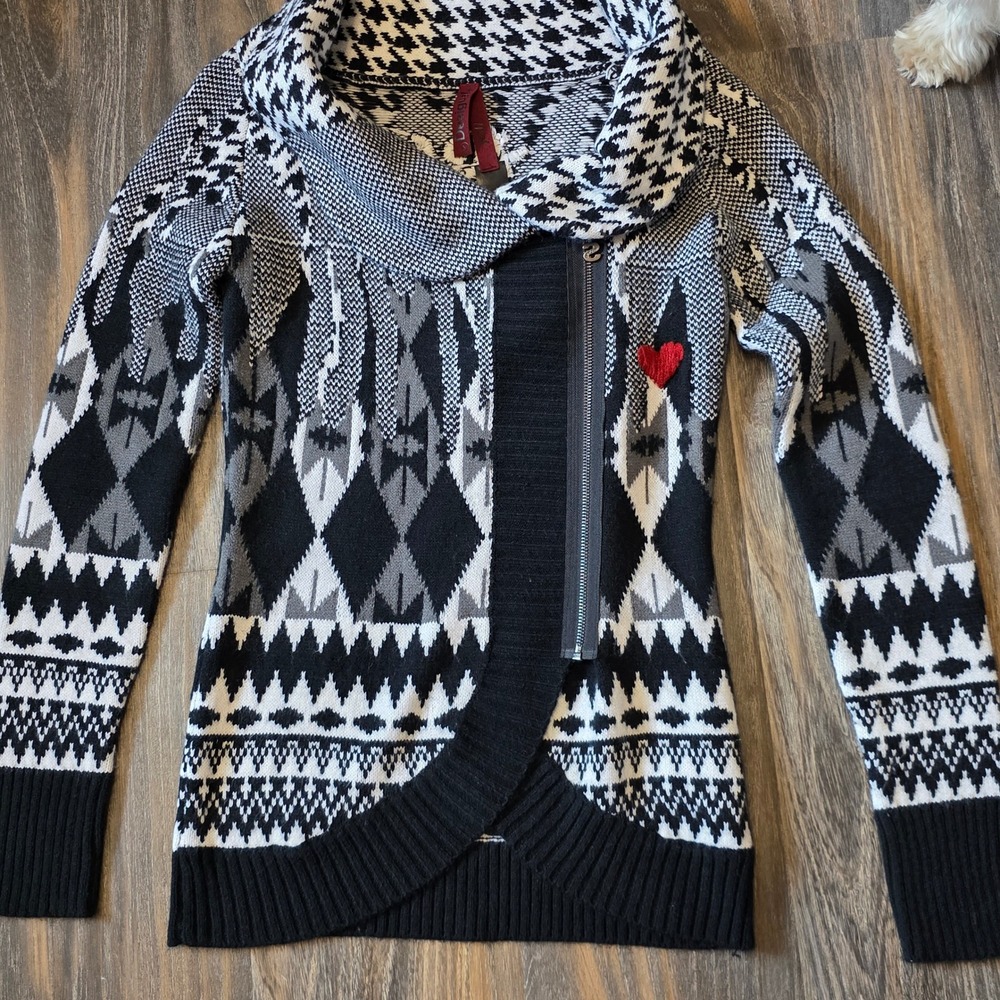 Desigual Womens Susana Mixed Pattern Zip Shawl Collar Cardigan S Heart